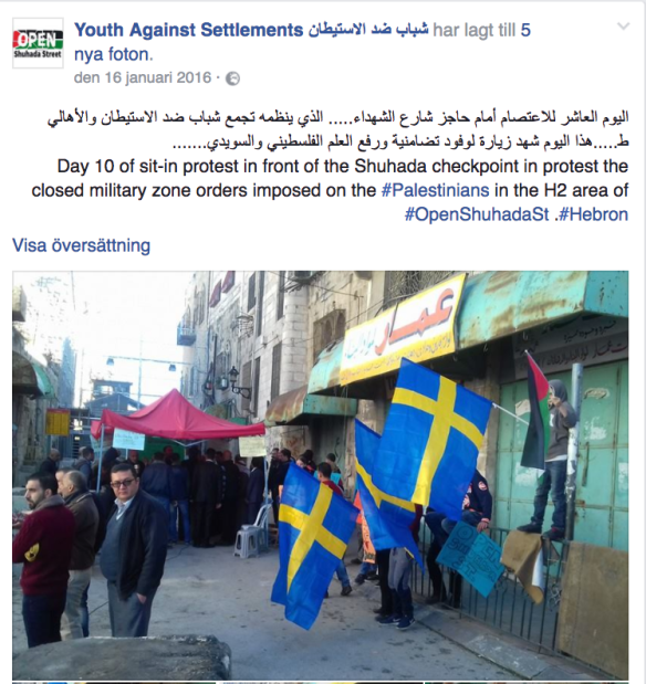 YAS använder svenska flaggor vid sina ickevåldsdemonstrationer i Hebron som inte alltid är så befriade från våld enligt israelisk polis.